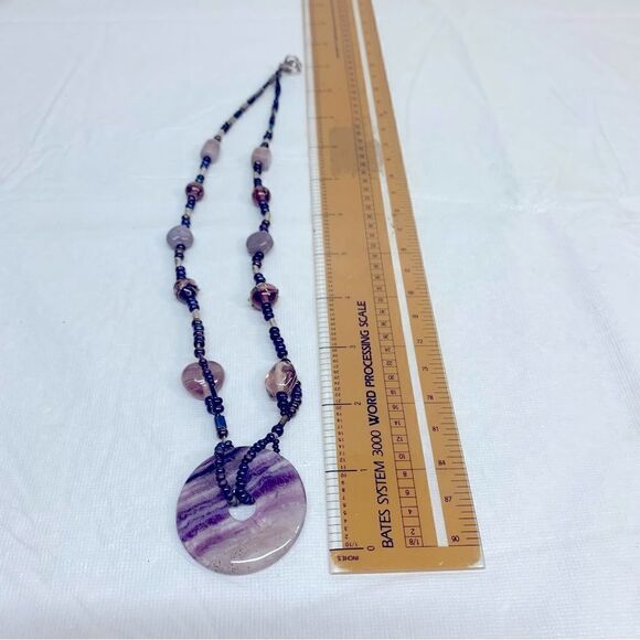 VTG Purple Fluorite Necklace Circle Donut w/ Glass Beads Heart 24” Gorgeous - Picture 7 of 7